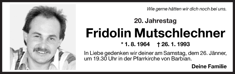  Traueranzeige für Fridolin Mutschlechner vom 25.01.2013 aus Dolomiten