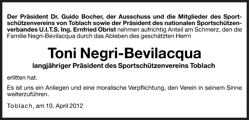  Traueranzeige für Toni Negri-Bevilacqua vom 11.04.2012 aus Dolomiten