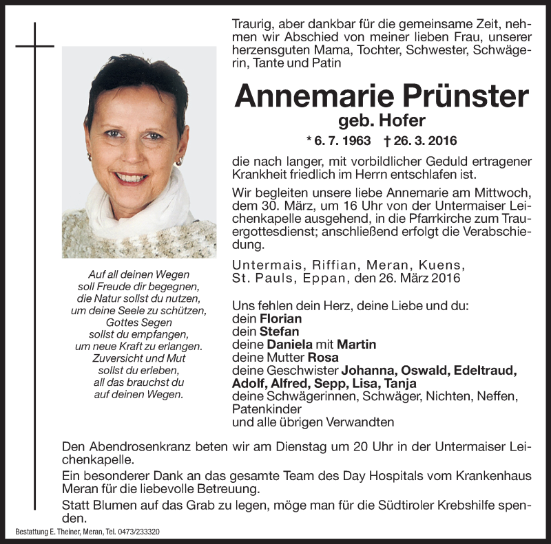  Traueranzeige für Annemarie Prünster vom 29.03.2016 aus Dolomiten