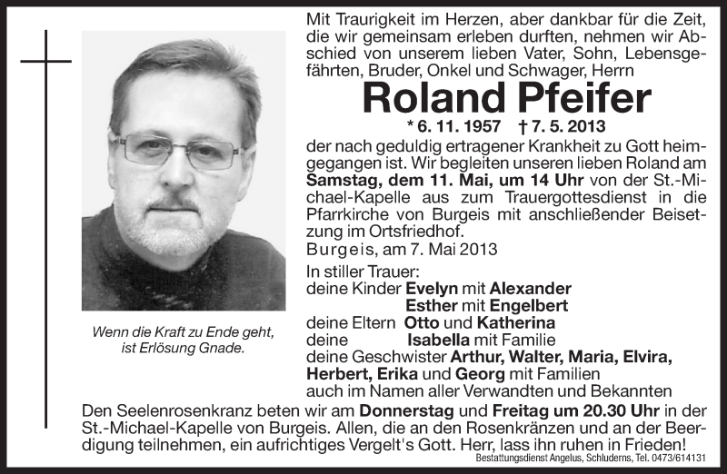 Traueranzeige für Roland Pfeifer vom 09.05.2013 aus Dolomiten
