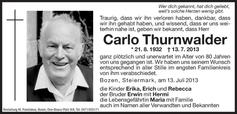  Traueranzeige für Carlo Thurnwalder vom 19.07.2013 aus Dolomiten