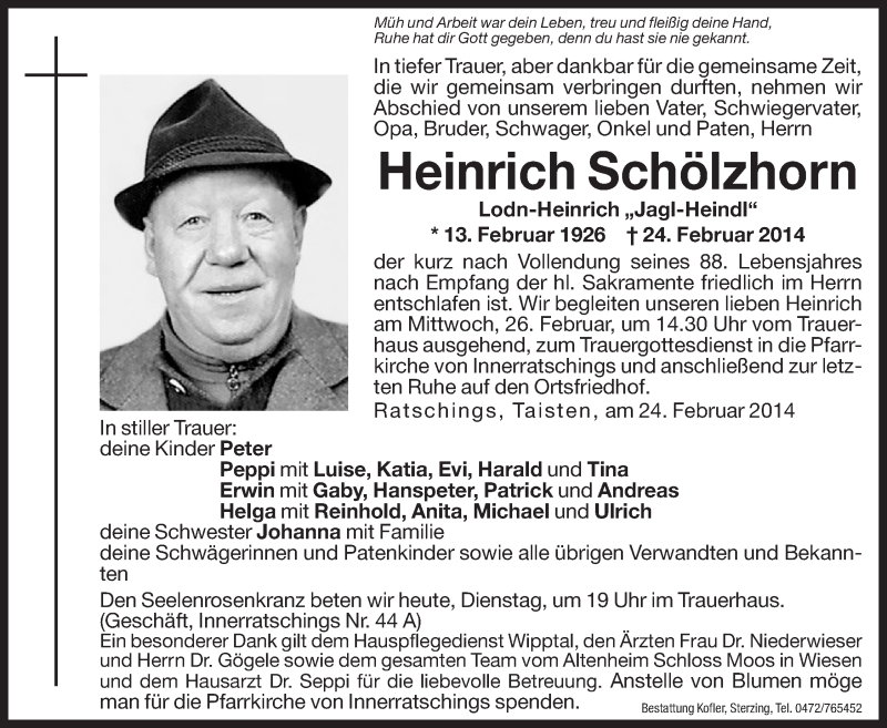  Traueranzeige für Heinrich Schölzhorn vom 25.02.2014 aus Dolomiten