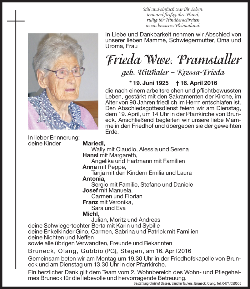  Traueranzeige für Frieda Pramstaller vom 18.04.2016 aus Dolomiten