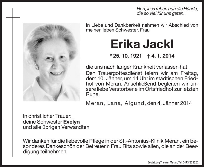  Traueranzeige für Erika Jackl vom 08.01.2014 aus Dolomiten