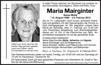 Traueranzeige von Maria Mairginter von Dolomiten