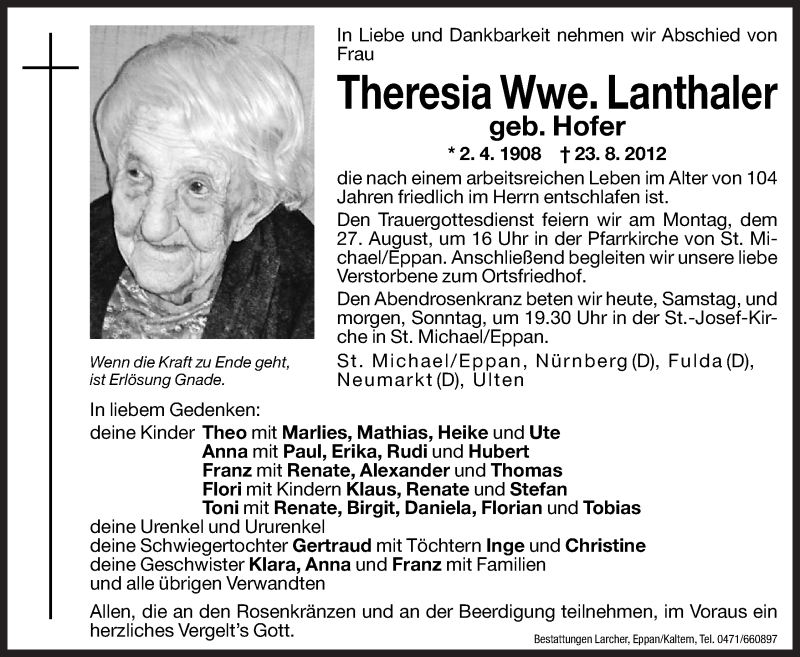  Traueranzeige für Theresia Lanthaler vom 25.08.2012 aus Dolomiten