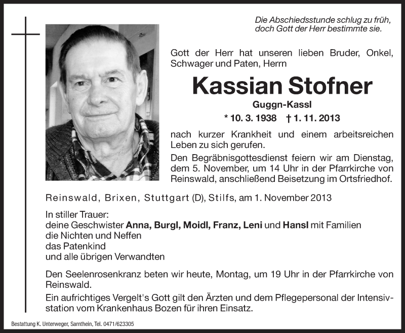  Traueranzeige für Kassian Stofner vom 04.11.2013 aus Dolomiten