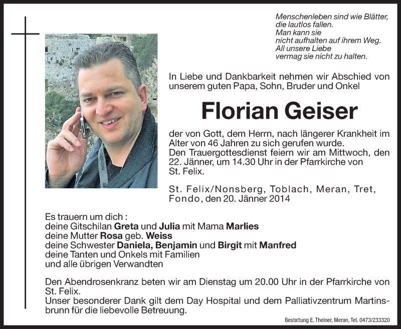  Traueranzeige für Florian Geiser vom 21.01.2014 aus Dolomiten