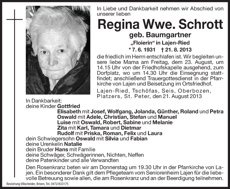  Traueranzeige für Regina Schrott vom 22.08.2013 aus Dolomiten