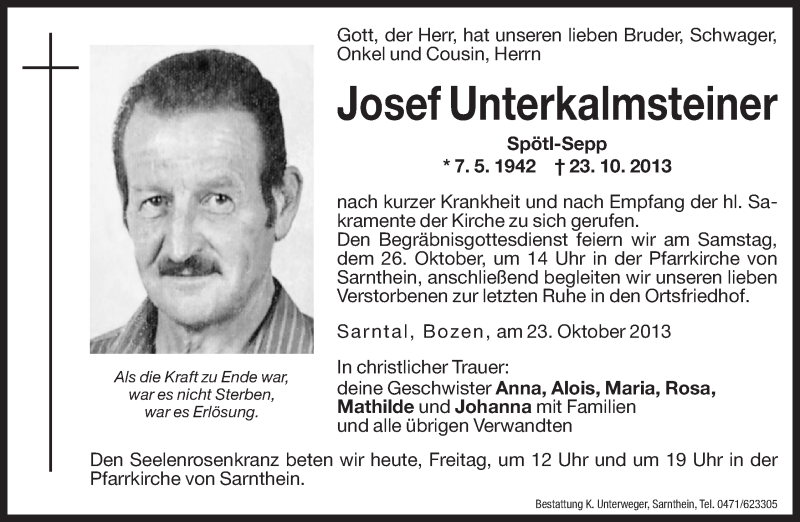  Traueranzeige für Josef Unterkalmsteiner vom 25.10.2013 aus Dolomiten