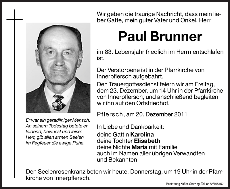  Traueranzeige für Paul Brunner vom 22.12.2011 aus Dolomiten