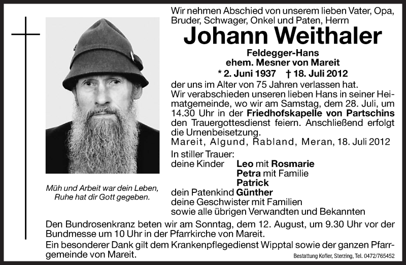  Traueranzeige für Johann Weithaler vom 27.07.2012 aus Dolomiten