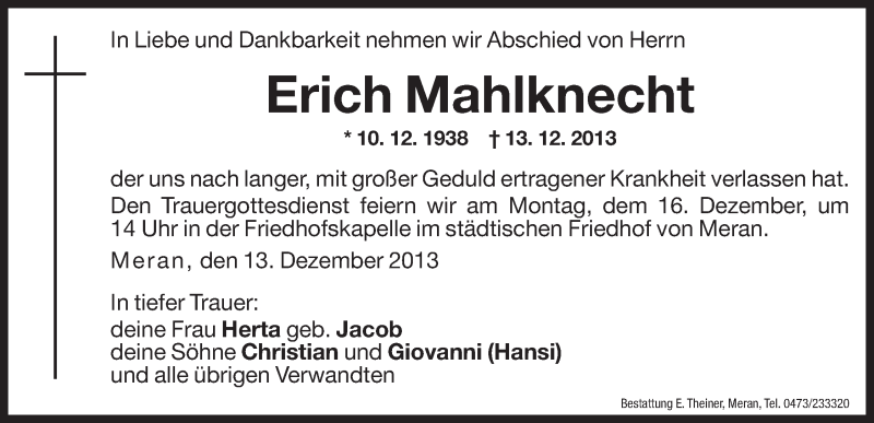  Traueranzeige für Erich Mahlknecht vom 14.12.2013 aus Dolomiten