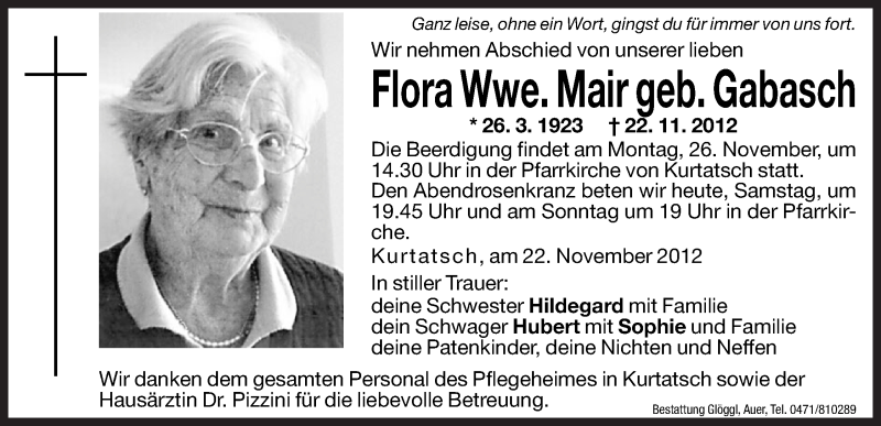  Traueranzeige für Flora Mair vom 24.11.2012 aus Dolomiten