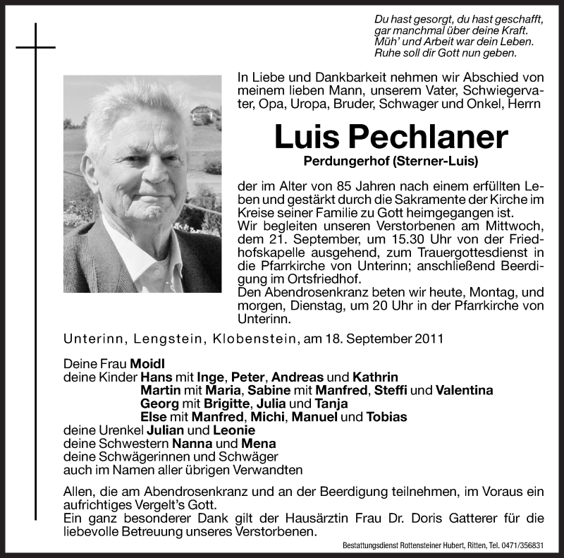  Traueranzeige für Luis Pechlaner vom 19.09.2011 aus Dolomiten