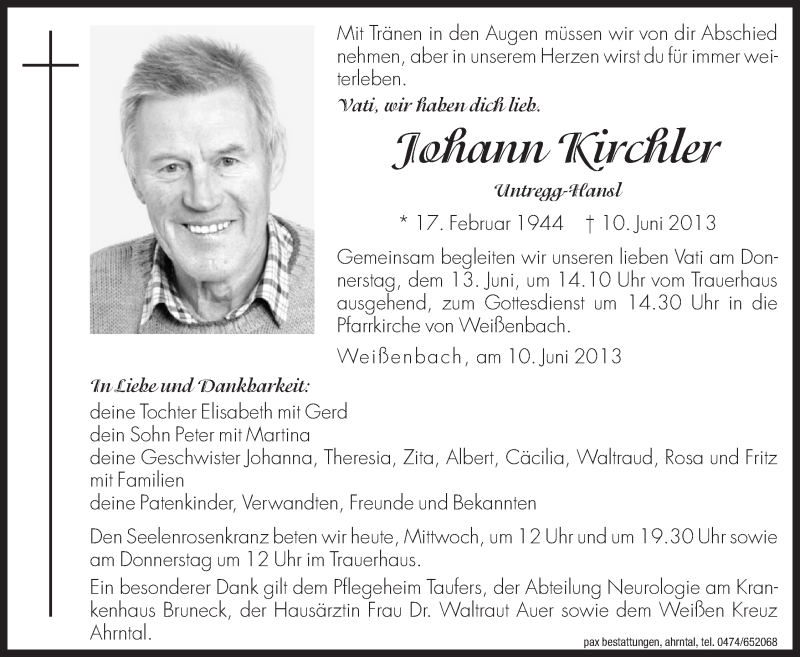  Traueranzeige für Johann Kirchler vom 12.06.2013 aus Dolomiten