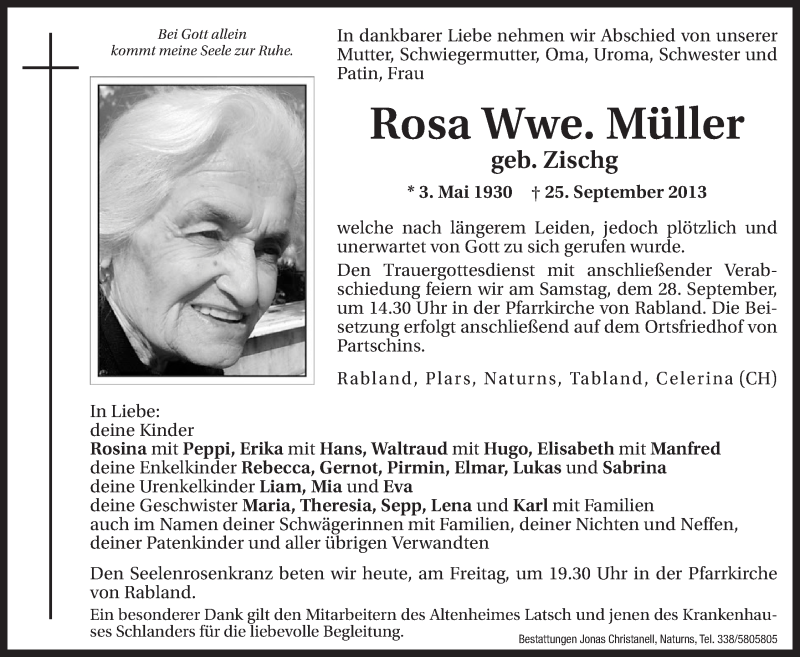  Traueranzeige für Rosa Müller vom 27.09.2013 aus Dolomiten