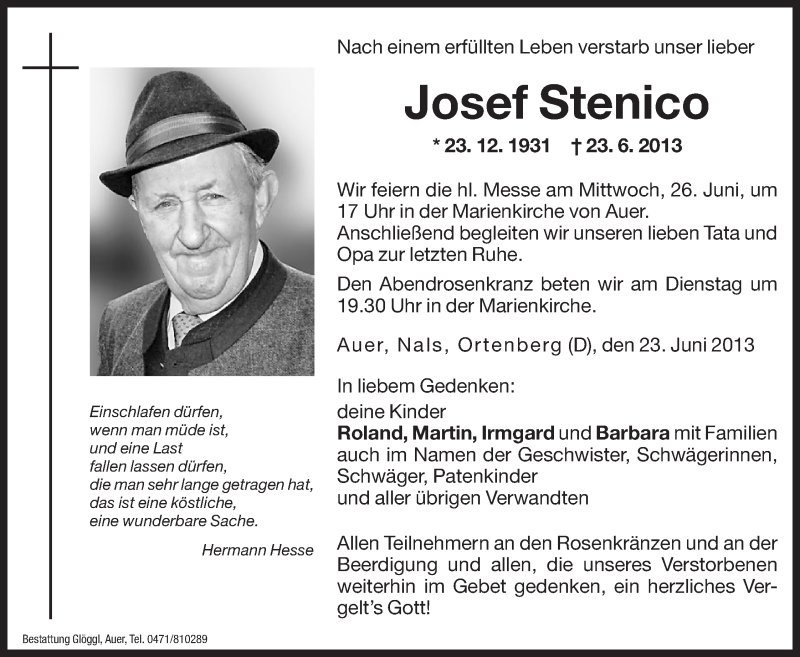  Traueranzeige für Josef Stenico vom 24.06.2013 aus Dolomiten