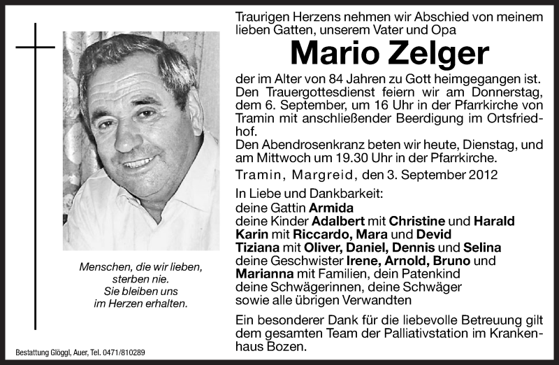  Traueranzeige für Mario Zelger vom 04.09.2012 aus Dolomiten