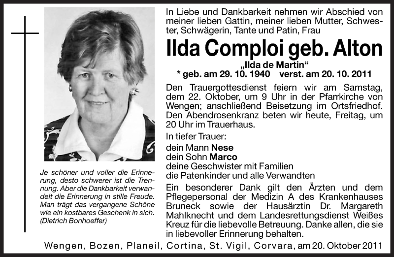  Traueranzeige für Ilda Comploi vom 21.10.2011 aus Dolomiten