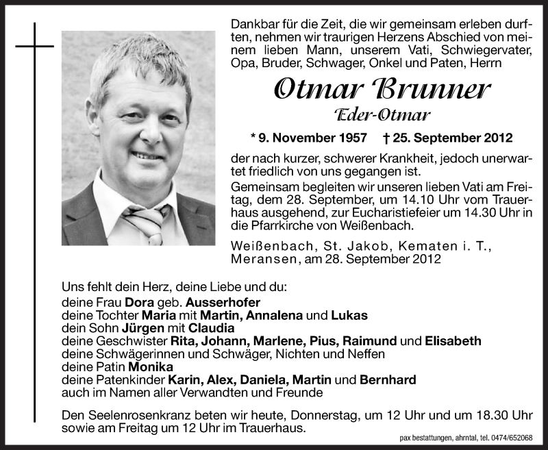  Traueranzeige für Otmar Brunner vom 27.09.2012 aus Dolomiten