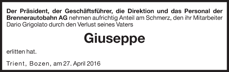  Traueranzeige für Giuseppe Grigolato vom 27.04.2016 aus Dolomiten