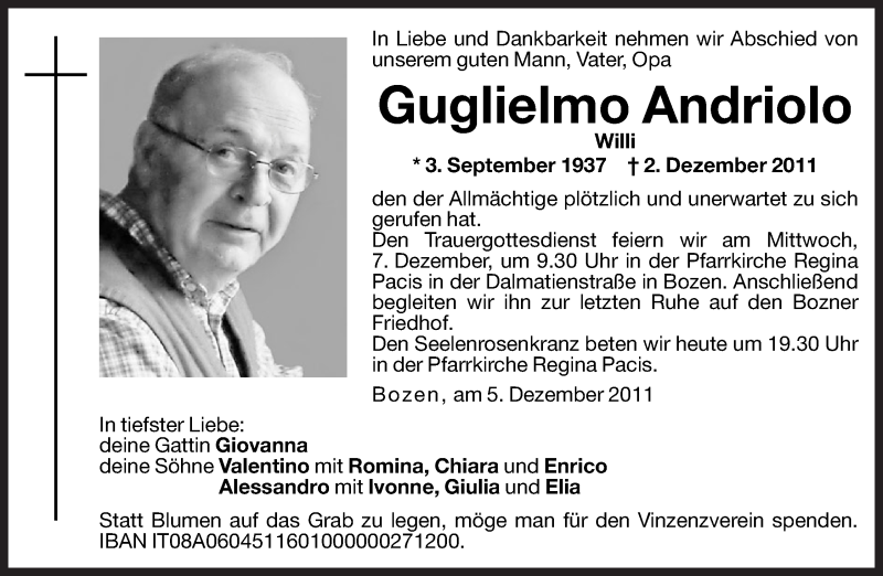  Traueranzeige für Guglielmo Andriolo vom 06.12.2011 aus Dolomiten