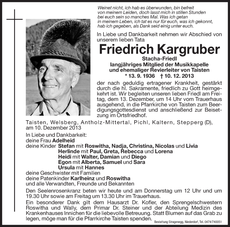  Traueranzeige für Friedrich Kargruber vom 11.12.2013 aus Dolomiten