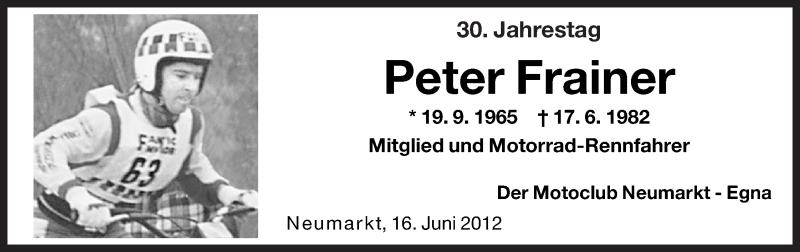  Traueranzeige für Peter Frainer vom 16.06.2012 aus Dolomiten