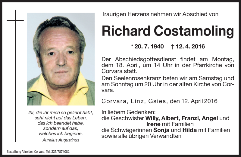  Traueranzeige für Richard Costamoling vom 16.04.2016 aus Dolomiten