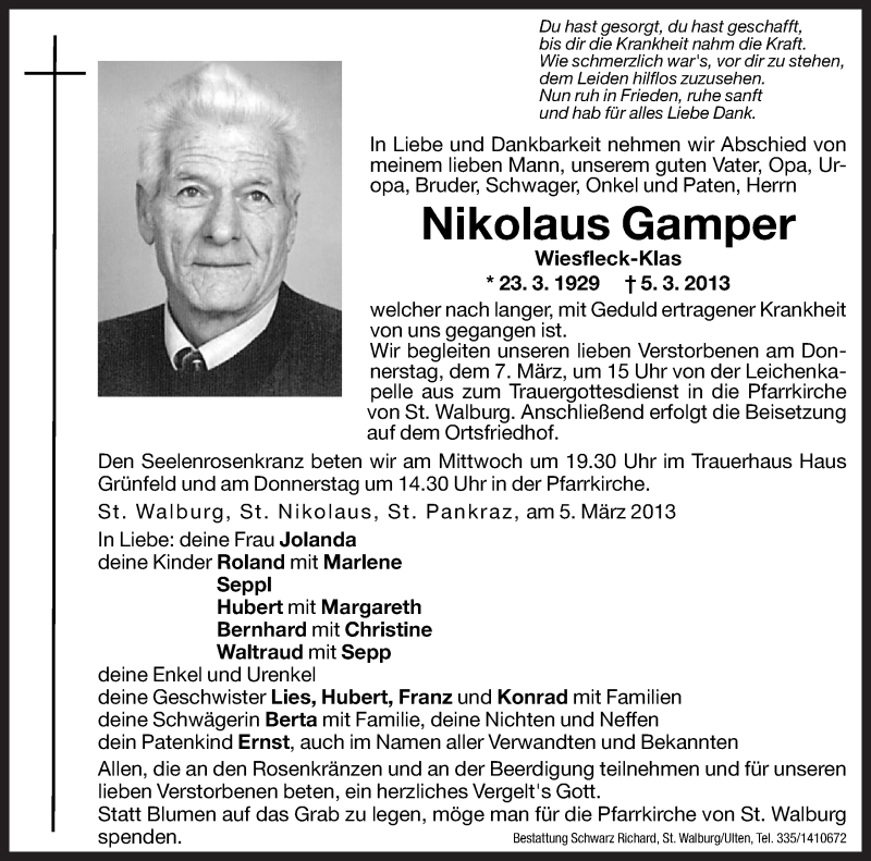  Traueranzeige für Nikolaus Gamper vom 06.03.2013 aus Dolomiten