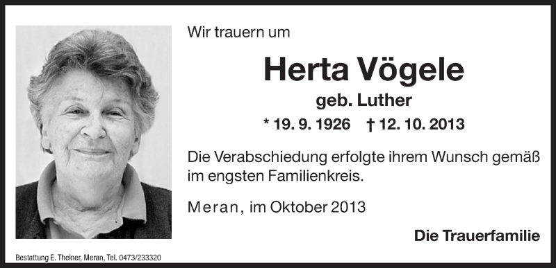  Traueranzeige für Herta Vögele vom 18.10.2013 aus Dolomiten