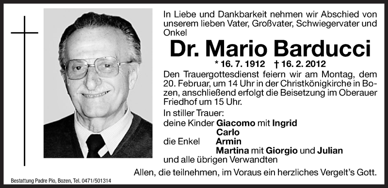  Traueranzeige für Mario Barducci vom 18.02.2012 aus Dolomiten