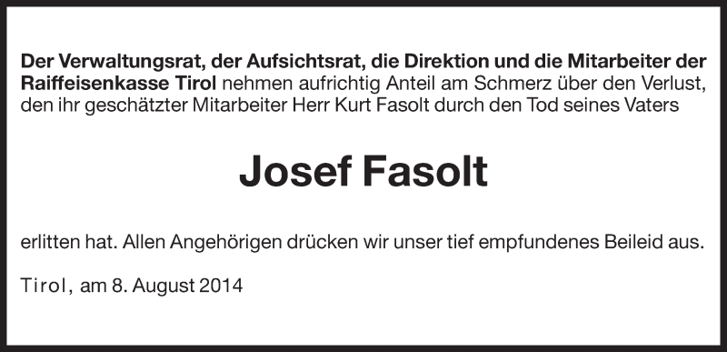  Traueranzeige für Josef Fasolt vom 09.08.2014 aus Dolomiten