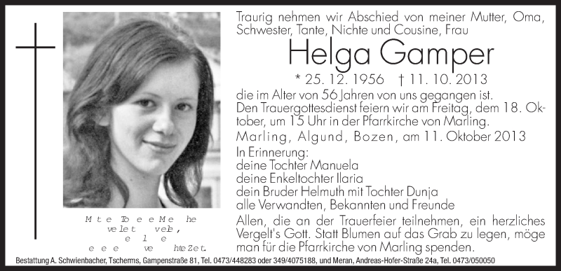  Traueranzeige für Helga Gamper vom 16.10.2013 aus Dolomiten