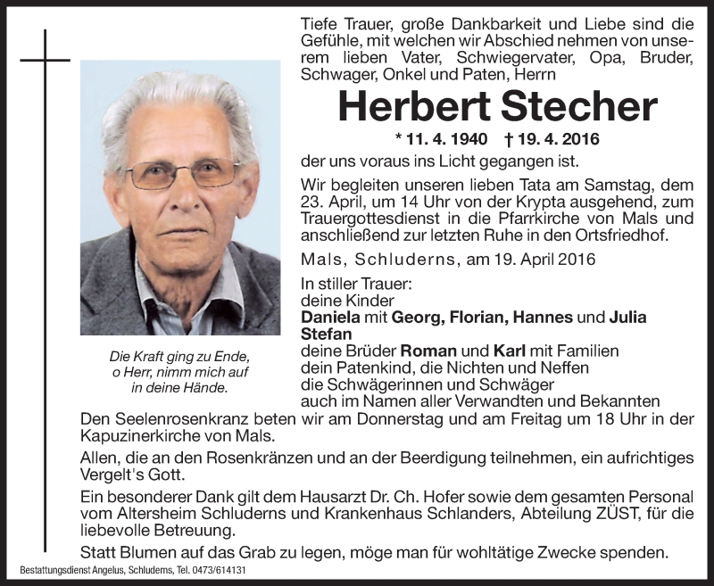  Traueranzeige für Herbert Stecher vom 21.04.2016 aus Dolomiten