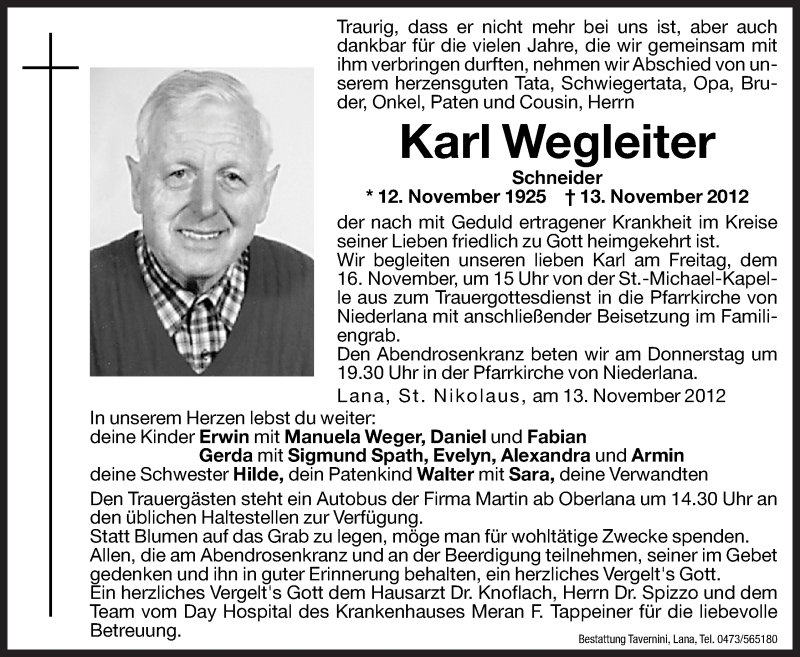  Traueranzeige für Karl Wegleiter vom 14.11.2012 aus Dolomiten