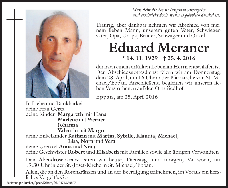  Traueranzeige für Eduard Meraner vom 26.04.2016 aus Dolomiten