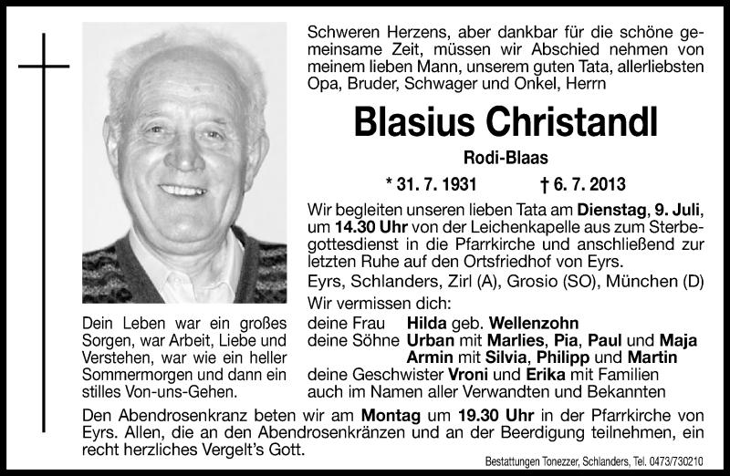  Traueranzeige für Blasius Christandl vom 08.07.2013 aus Dolomiten