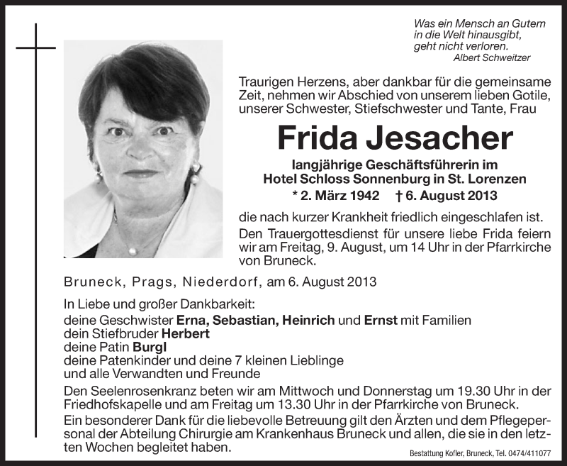  Traueranzeige für Frida Jesacher vom 07.08.2013 aus Dolomiten