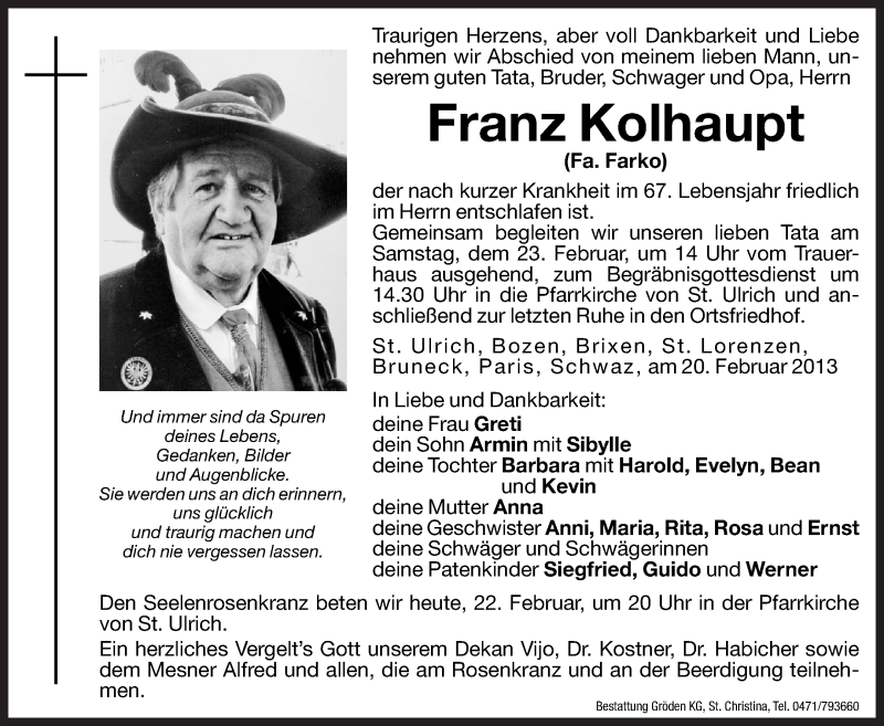  Traueranzeige für Franz Kolhaupt vom 22.02.2013 aus Dolomiten