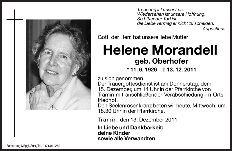  Traueranzeige für Helene Morandell vom 14.12.2011 aus Dolomiten