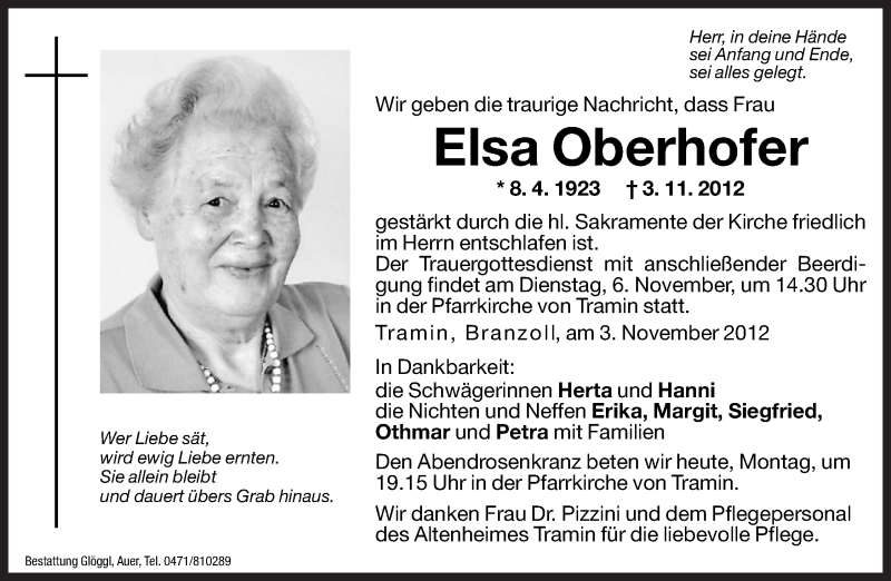  Traueranzeige für Elsa Oberhofer vom 05.11.2012 aus Dolomiten