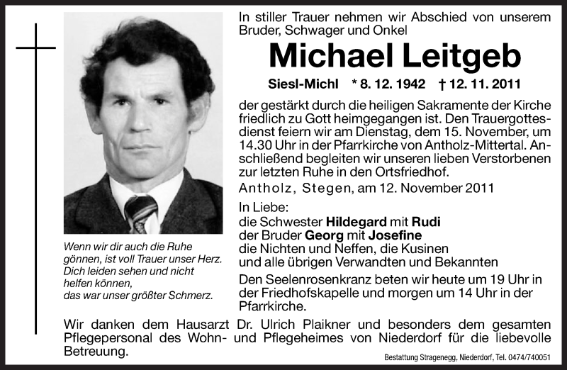  Traueranzeige für Michael Leitgeb vom 14.11.2011 aus Dolomiten