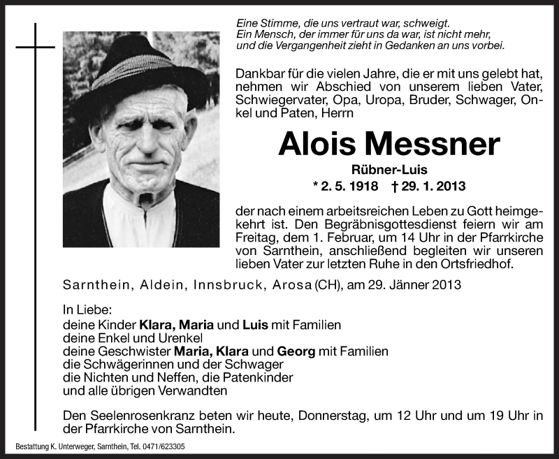  Traueranzeige für Alois Messner vom 31.01.2013 aus Dolomiten