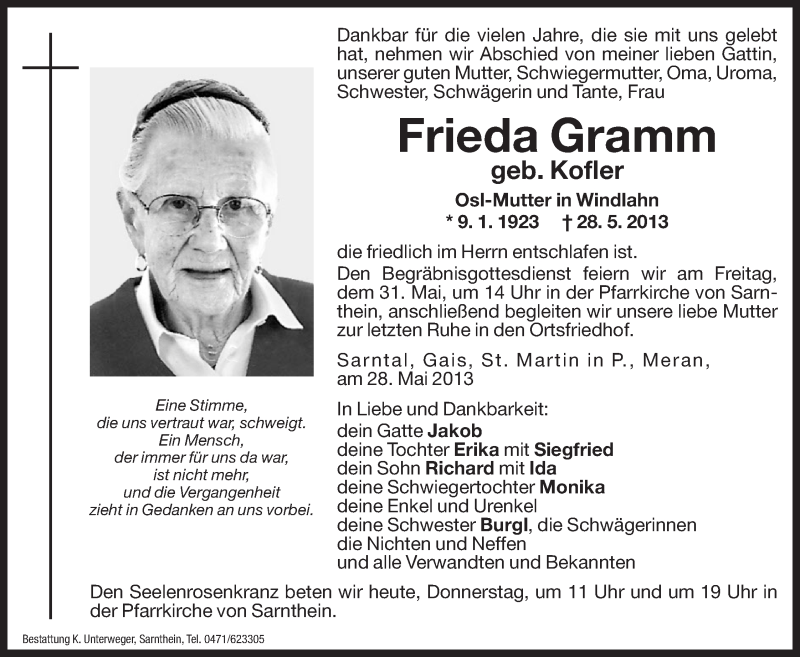  Traueranzeige für Frieda Gramm vom 30.05.2013 aus Dolomiten