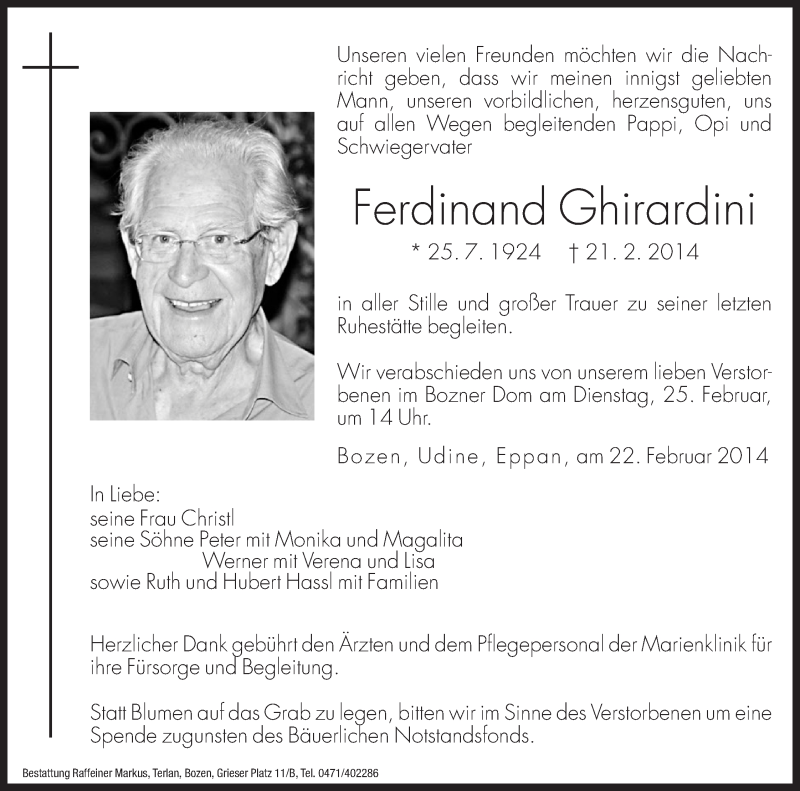  Traueranzeige für Ferdinand Ghirardini vom 22.02.2014 aus Dolomiten