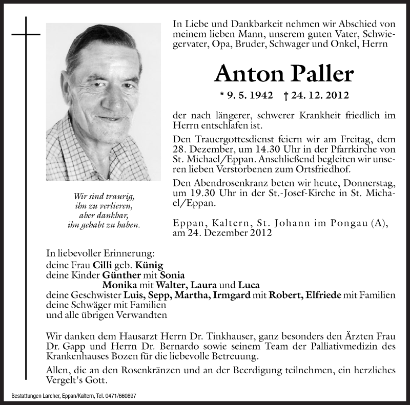  Traueranzeige für Anton Paller vom 27.12.2012 aus Dolomiten