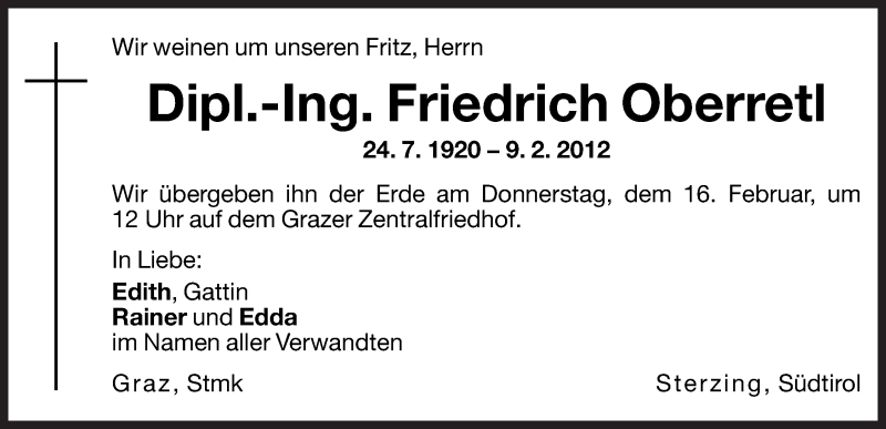  Traueranzeige für Friedrich Oberretl vom 14.02.2012 aus Dolomiten