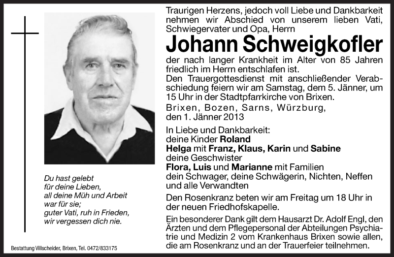  Traueranzeige für Johann Schweigkofler vom 04.01.2013 aus Dolomiten